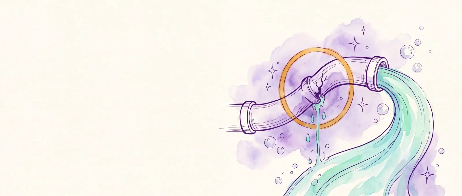 Watercolor illustration of a purple pipe with a crack in it, circled in gold, leaking green water while a stream pours from the open end.